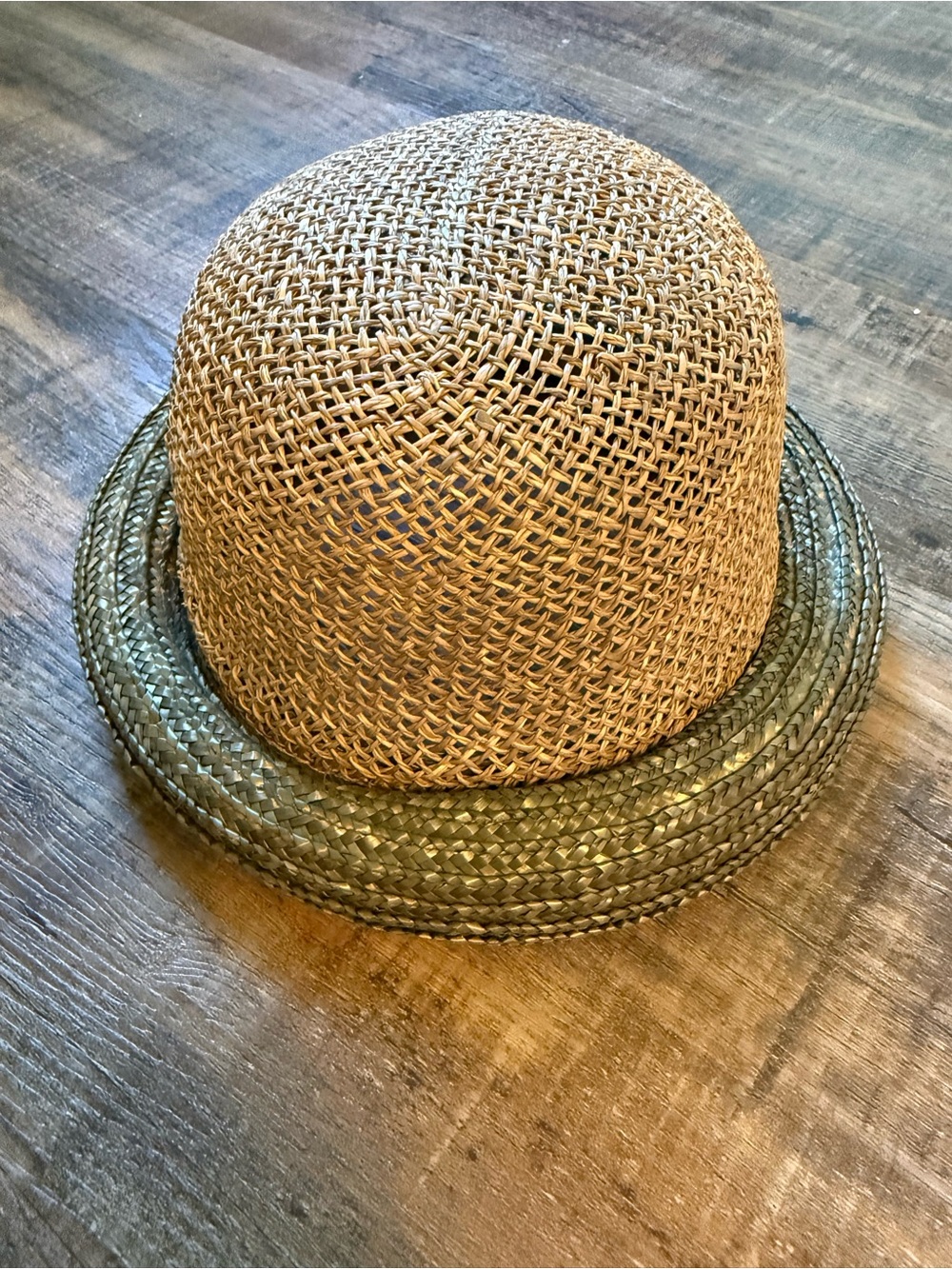 Natural Straw Cloche Hat Olive Green Rolled Brim Artsy Summer Statement
